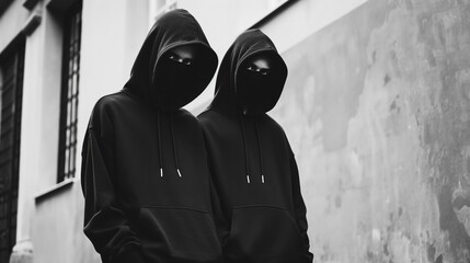 Stylish twins in matching hoodies, their monochrome outfits providing a striking contrast against a simple, urban backdrop - obrazy, fototapety, plakaty