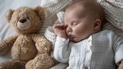 A newborn baby peacefully sleeps next to a soft teddy bear, showcasing tiny hands and feet