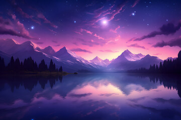 A twilight scene at a high-altitude lake, with mountains silhouetted against a purple and pink sky, and stars beginning   Generative AI,