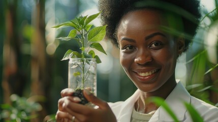 A woman is holding a plant in a glass container