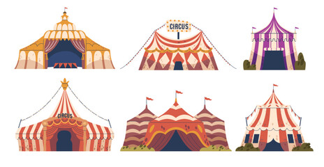 Fototapeta premium Circus Tents, Amusement Park Vintage Carnival Big Top Tents With Flags. Attraction, Fun Fair Marquee Striped Domes