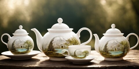 Fototapeta premium Teapot and cup of tea on wooden table in nature background.