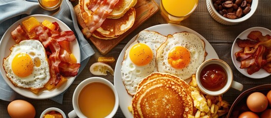Top view of a wooden surface displaying a complete American breakfast, with fried eggs, bacon, hash browns, pancakes, orange juice, and coffee. - obrazy, fototapety, plakaty