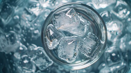 Top-down view of a clear glass filled with ice cubes submerged in water