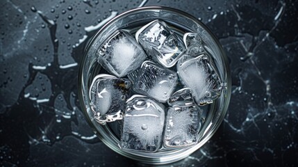 A top-down view of a glass filled with ice cubes on a wooden table