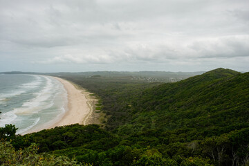 Coastal Panorama: Byron Bay Beach in Cloudy Weather from Hilltop