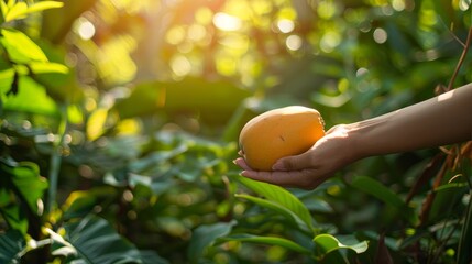 A persons hand holding a bright orange fruit against a natural backdrop