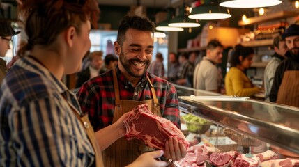 A couple of people are attentively watching a butcher as he showcases a raw beef steak in a bustling market setting - Powered by Adobe