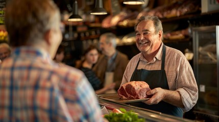 A professional butcher standing in front of a counter, holding a piece of raw meat to show a customer in a bustling market setting