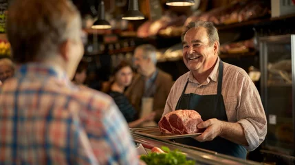 Fotobehang A professional butcher standing in front of a counter, holding a piece of raw meat to show a customer in a bustling market setting © Ilia Nesolenyi