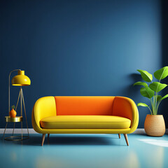 3d cartoon living room interior design with sofa and couch pink yellow blue modern