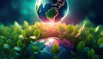 earth day, World globe in water drop on cloverleaf
