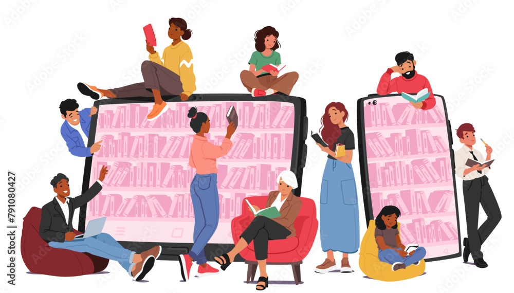 Poster tiny characters access online library services to explore vast collections of digital books, article