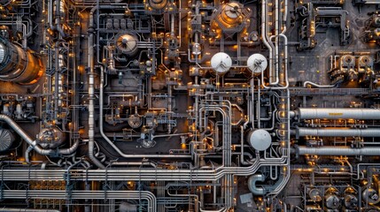 Detailed view of an industrial pipeline network in the refinery sector, showcasing a large, intricate metal structure