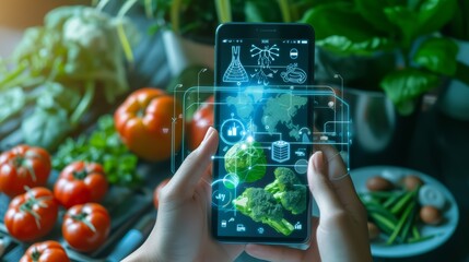 Hands Holding Smartphone with Augmented Reality Food Data