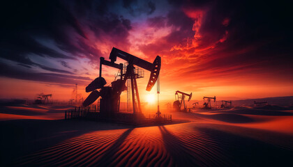 Silhouettes of oil drilling pumps with long shadows in the desert at a beautiful purple sunset - obrazy, fototapety, plakaty