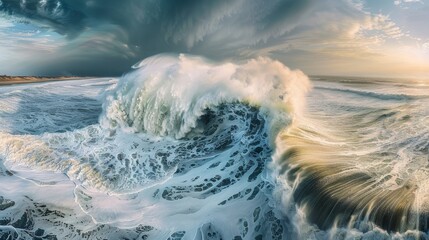 A massive ocean wave forcefully crashes onto the sandy shore of a beach, creating a dramatic and turbulent scene