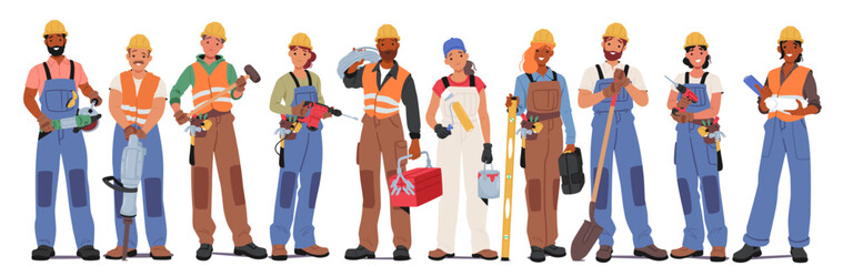 Obraz premium Construction Workers Male and Female Character Stand In A Row, Donned In Safety Gear, Holding Tools, Ready To Tackle