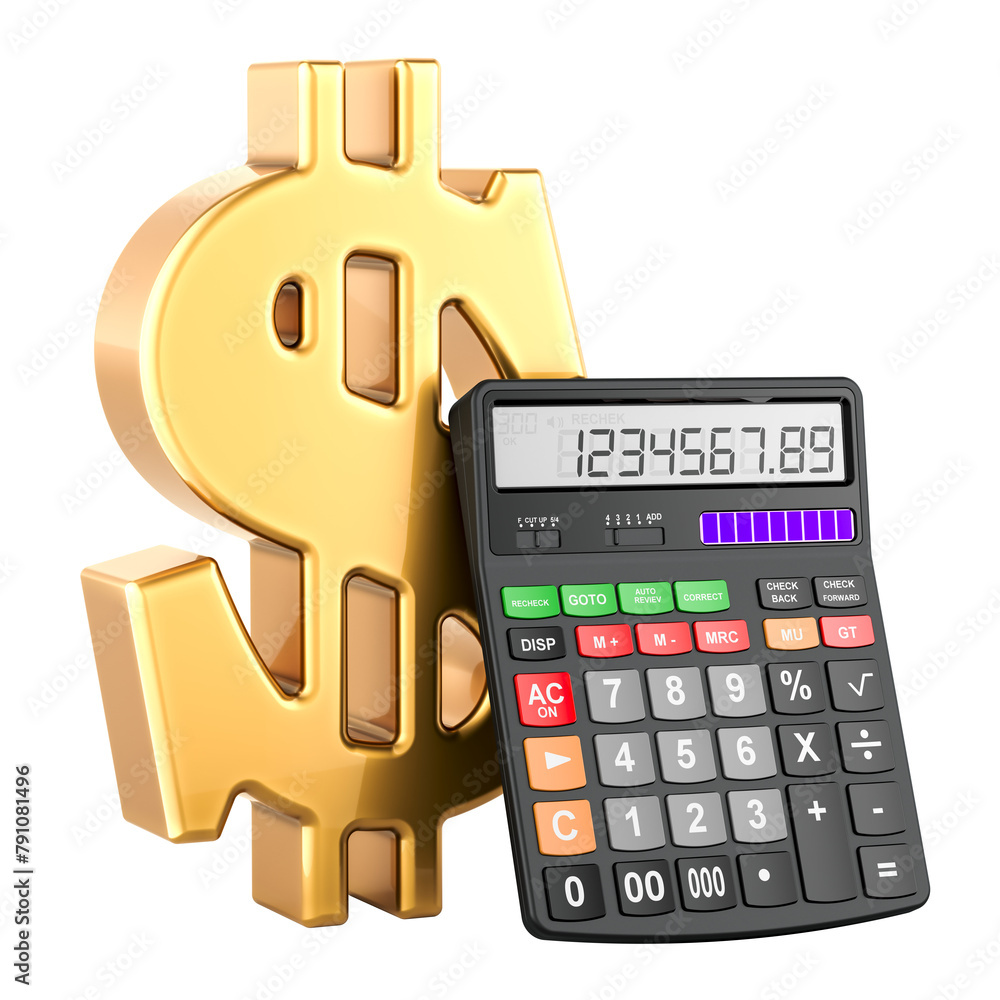 Poster calculator with dollar symbol, 3d rendering isolated on transparent background