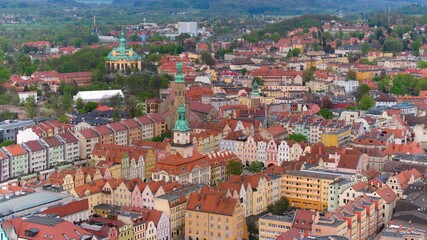 Overhead shot displays Jelenia Góra's lively market square and magnificent 18th-century town hall.