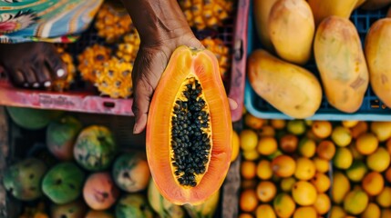 Close-up view of a hand picking up a ripe papaya from a fruit basket, with blurred background