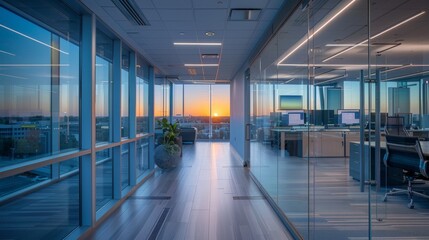 A modern office space with an empty desk and chair, featuring a glass wall through which a golden sunset is visible
