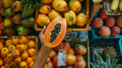 Hand reaching for ripe papaya in a fruit basket at a bustling fruit stand