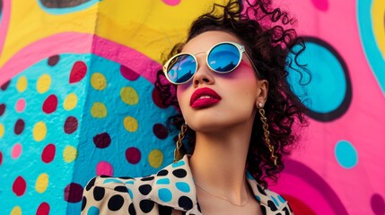 A fashionable woman wearing retro sunglasses poses confidently in a polka dot shirt against a...