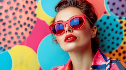 A stylish woman wearing red sunglasses stands out against a colorful pop art background