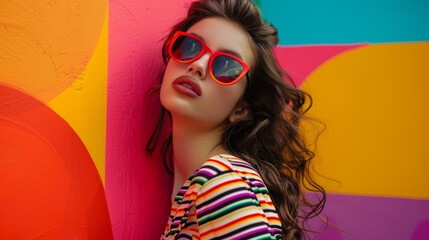 A fashionable woman wearing sunglasses leans against a vibrant and colorful wall, creating a...
