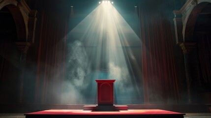 A red podium stands proudly on a stage under a spotlight, with a red curtain in the background