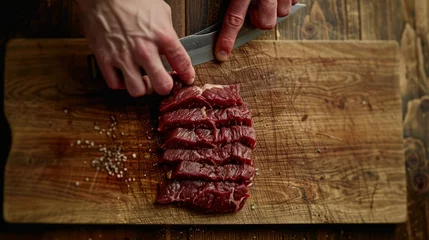 Fotobehang A professional butcher is seen slicing a raw beef steak on a wooden cutting board © Ilia Nesolenyi