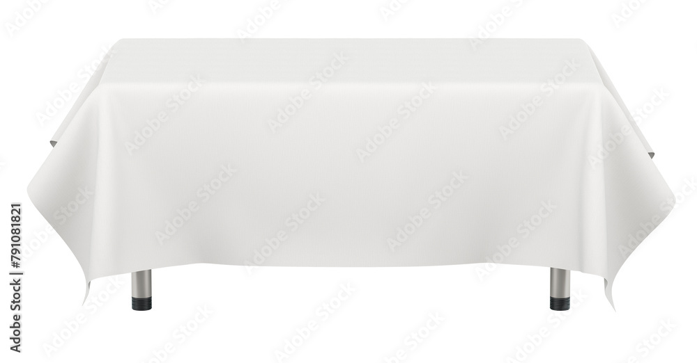 Poster long, empty rectangular table with transparent table cloth. 3d rendering isolated on transparent bac