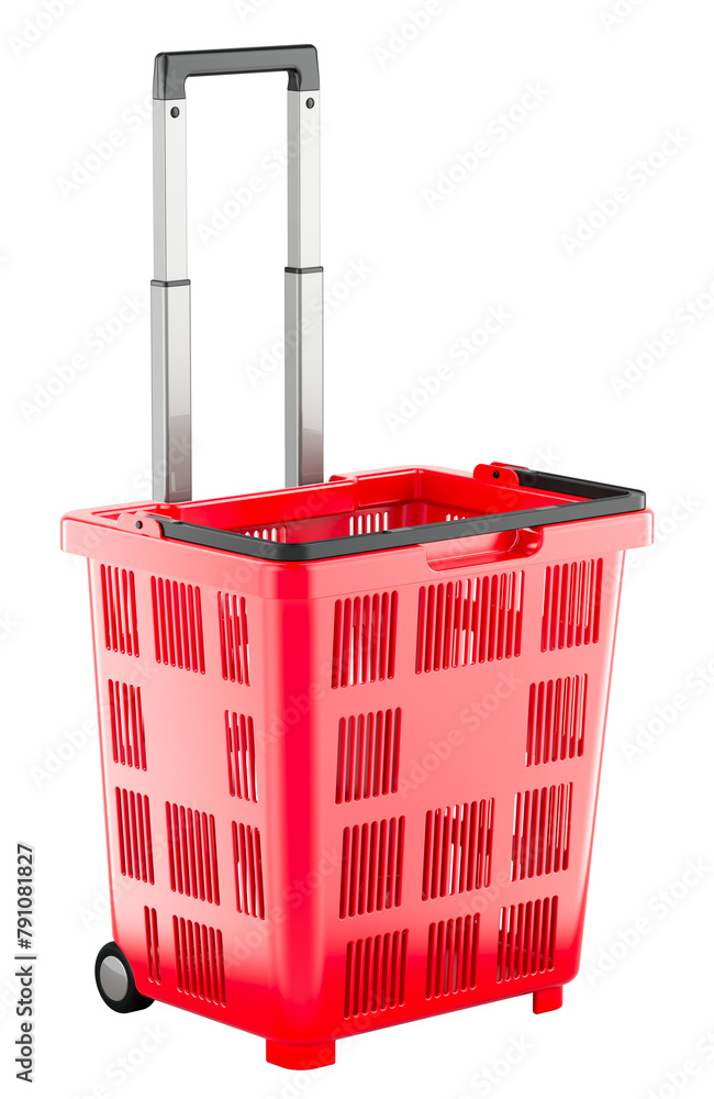 Poster plastic rolling shopping basket with wheels and handle. 3d rendering isolated on transparent backgro