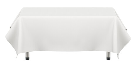 Long, empty rectangular table with transparent table cloth. 3D rendering isolated on transparent background