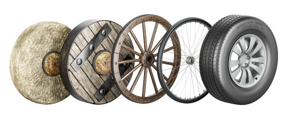 Wheels evolution from primitive stone ring, ancient wooden to modern car tire with disk. History of transport wheels. 3D rendering isolated on transparent background
