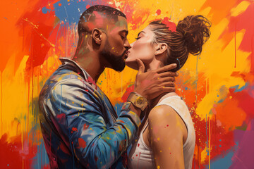 two people kissing in front of brightly colored backgrounds