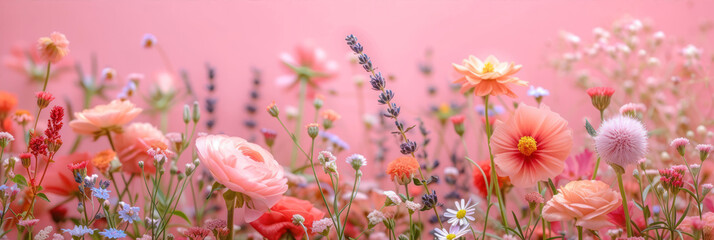 Floral background with wildflowers and lavender on pink background