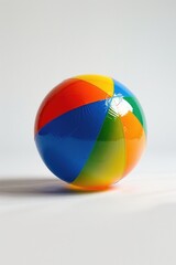 A colorful beach ball sits on a white background