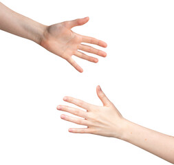 Female hand gestures, white background. Palm and fingers in dorsal view, showing signs, nonverbal