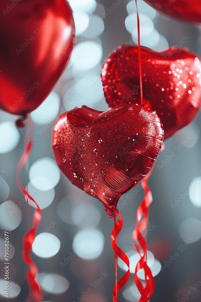 Poster a bunch of red balloons with hearts on them are hanging from a string