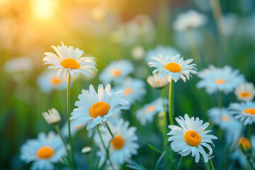 Beautiful daisies in the meadow. Nature background.