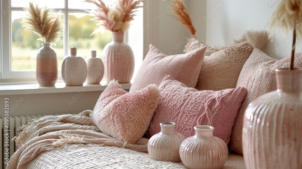 Poster a bed adorned with an array of pillows and vases atop it, alongside a window sill
