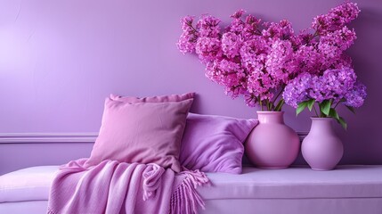  A white couch is adorned with several vases filled with purple blooms A purple blanket rests at its back