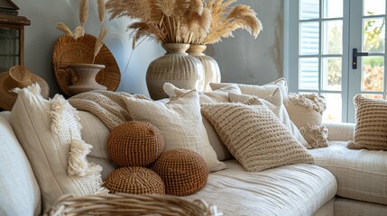   A cozy living room brimming with plentiful pillows A sizable vase, adorned with dried grass, stands before a window - obrazy, fototapety, plakaty