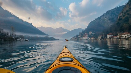 Mastering kayaking  quickly navigating fast rivers with rowing oars for beginners - obrazy, fototapety, plakaty