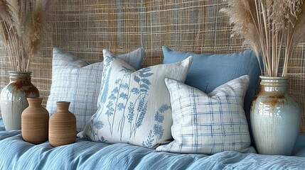   A bed adorned with numerous pillows and vases brimming with dried grass atop a blue blanket