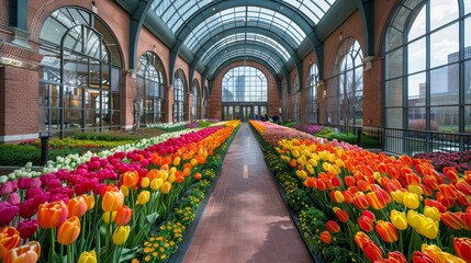 Naklejka premium A walkway dotted with numerous colored tulips leads to a glass-ceilinged structure, its arched windows framing the blooms