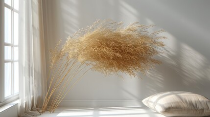Fototapeta premium a dried plant beside a pillow in a white room, bathed in sunlight