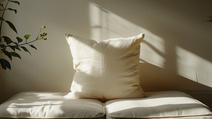   A white pillow atop another on a white couch, nearby is a potted plant